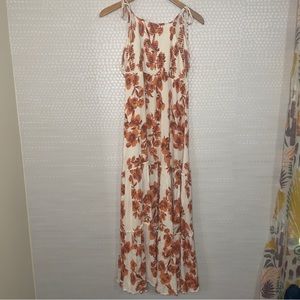 Free People Intimately Floral Tie Shoulder Tiered Maxi Dress Orange Cream